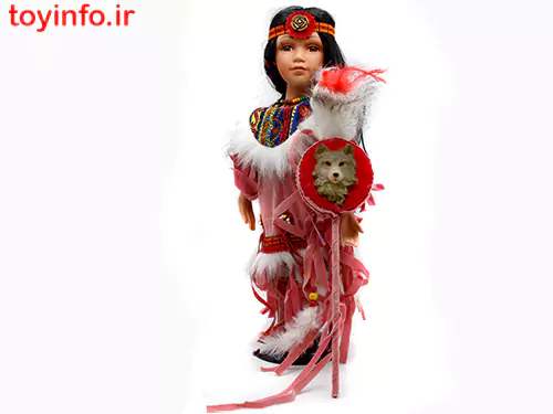 دختر سرخپوست عروسکی زیبا با لباس صورتی وبا عصای سر گرگ