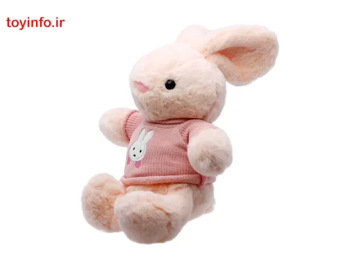 عروسک پولیشی خرگوش تپلی صورتی با لباس خرگوشی، فروشگاه اینترنتی بازار اسباب بازی