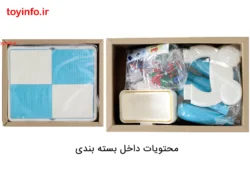 محتویات داخل بسته بندی اسباب بازی میز لگو به همراه صندلی و محفظه های مخصوص