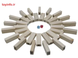 بلوک های چیده شده از بازی برج هیجان چوبی با تاس قرمز و آبی