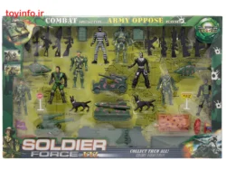 نمای رو به رو از جعبه اسباب بازی ست سرباز ارتشی