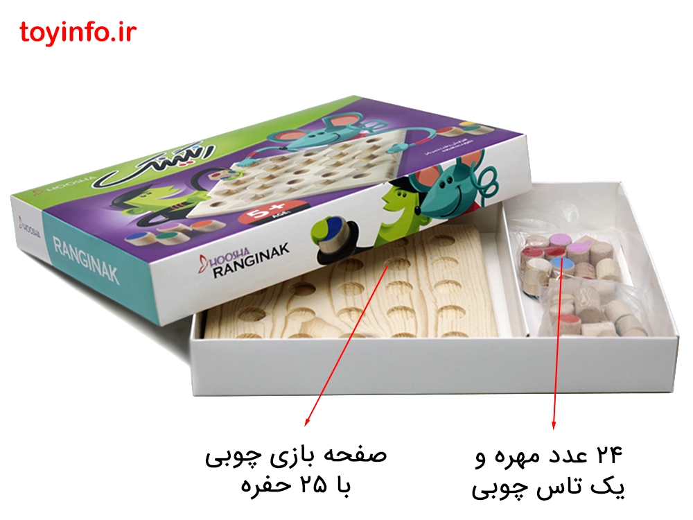 محتویات بازی داخل بسته‌بندی جعبه‌ای بازی فکری رنگینک