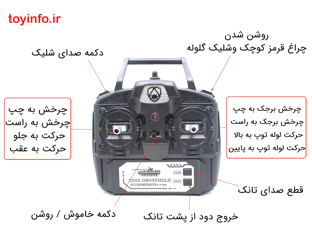 دستگاه کنترل حرفه ای برای حرکت تانک به چهار جهت مختلف، چرخش برجک تانک به چپ و راست، تغییر زاویه لوله به بالا و پایین و دارای دکمه ایجاد دود، دستگاه کنترل اسباب بازی پسرانه تانک T90